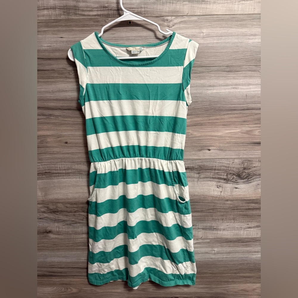 Boden jersey midi dress teal stripe pockets cap sleeves elastic waist